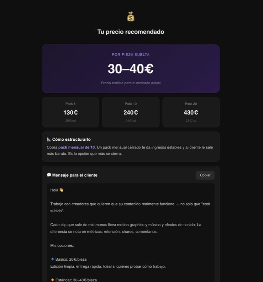 Artefacto de Claude que calcula el precio recomendado por pieza y por pack